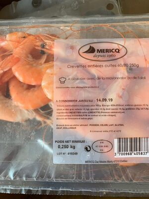 Crevettes entières cuites 60/80 250g