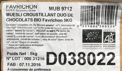 Muesli croustillant duo de chocolats bio Favrichon