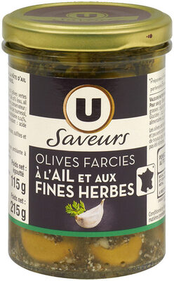 Olives vertes farcies à la pate d'ail complétées de fines herbes